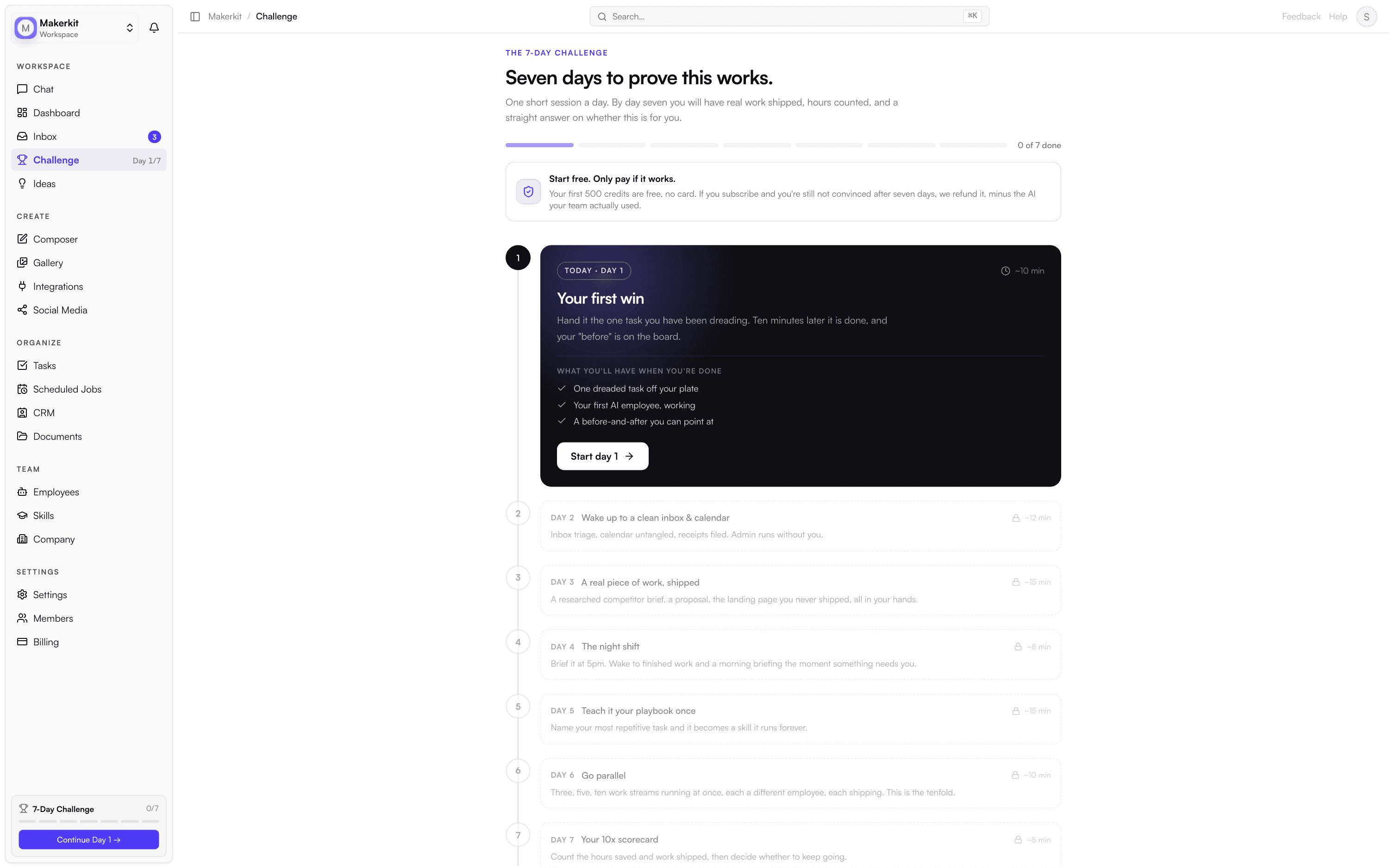 The 7-Day Tenfold Challenge inside the app: day one, "Your first win", open and ready to start, with the remaining six days laid out below it