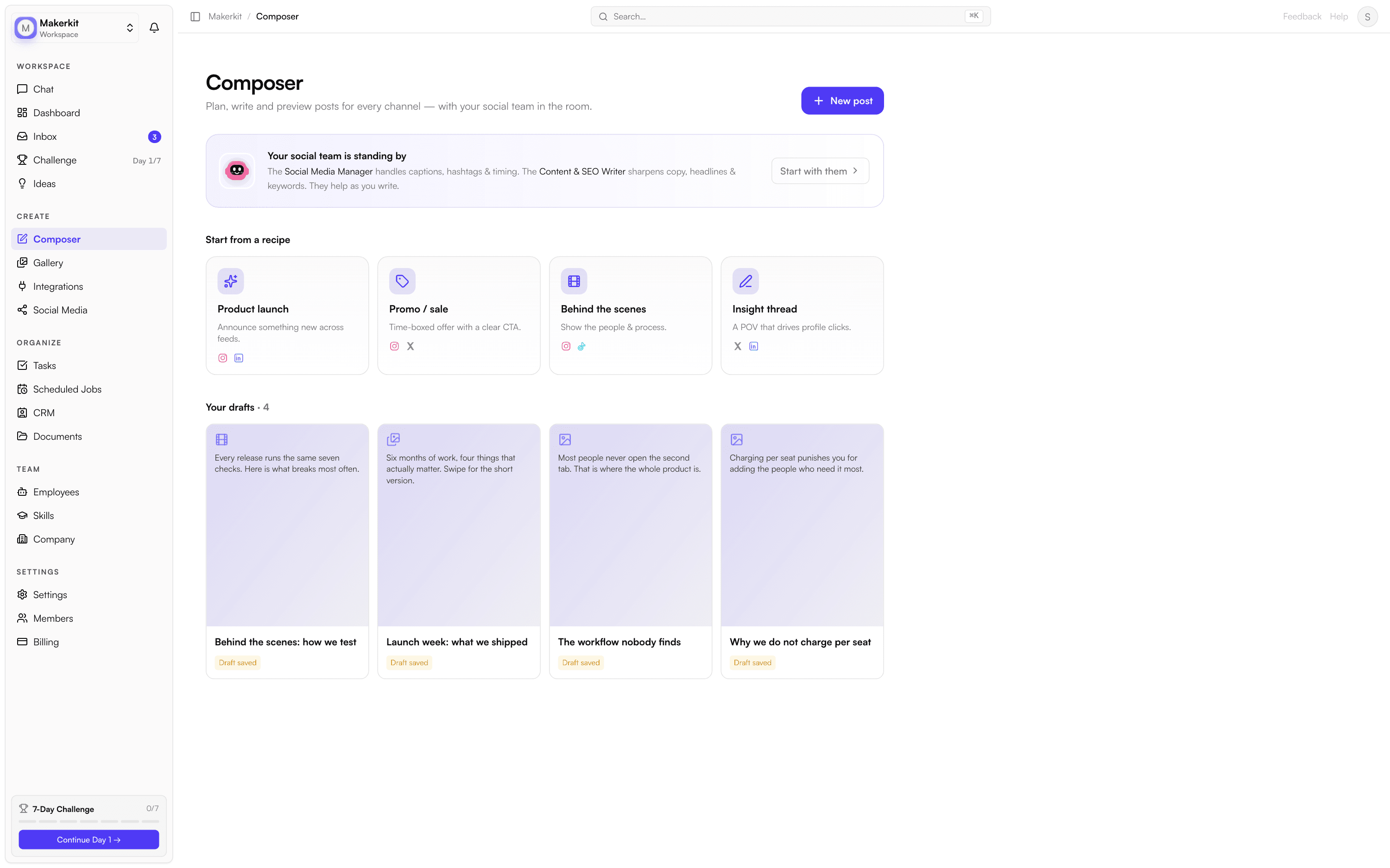 The Tenfold composer: four saved post drafts with their captions, alongside recipes for a product launch, a promo, a behind-the-scenes post and an insight thread