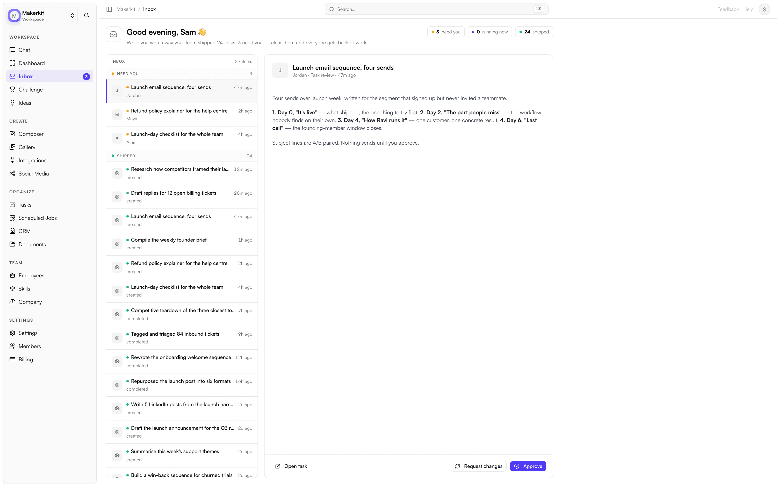 The Tenfold inbox: a brief saying the team shipped 19 tasks while you were away, three items waiting on you, and the finished draft of one of them open for approval