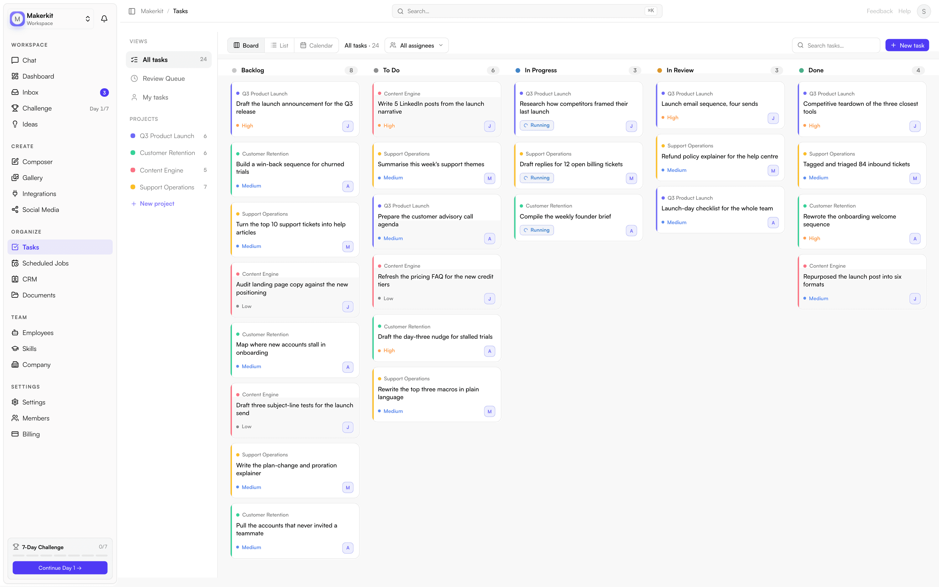 The Tenfold task board: 24 tasks moving in parallel across Backlog, To Do, In Progress, In Review and Done, each one assigned to a named AI employee